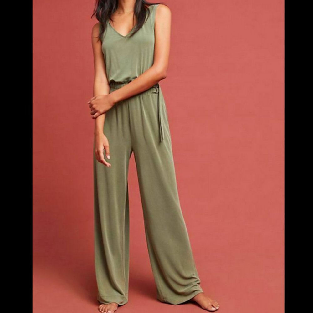 ANTHROPOLOGIE GREEN PEREGRINATE BELTED JUMPSUIT